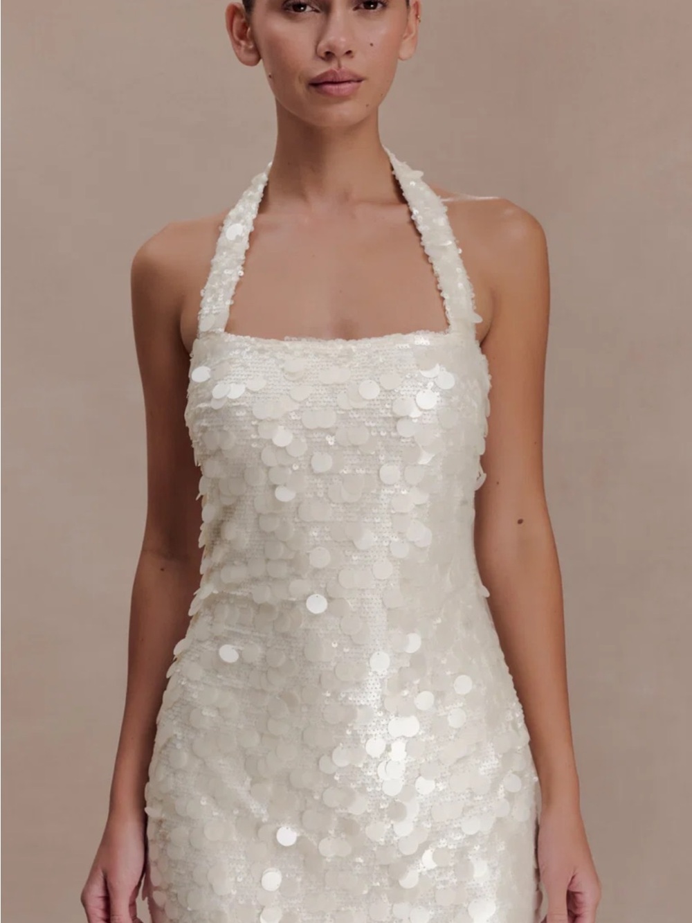 Meshki White Sequin Halter Mini Dress